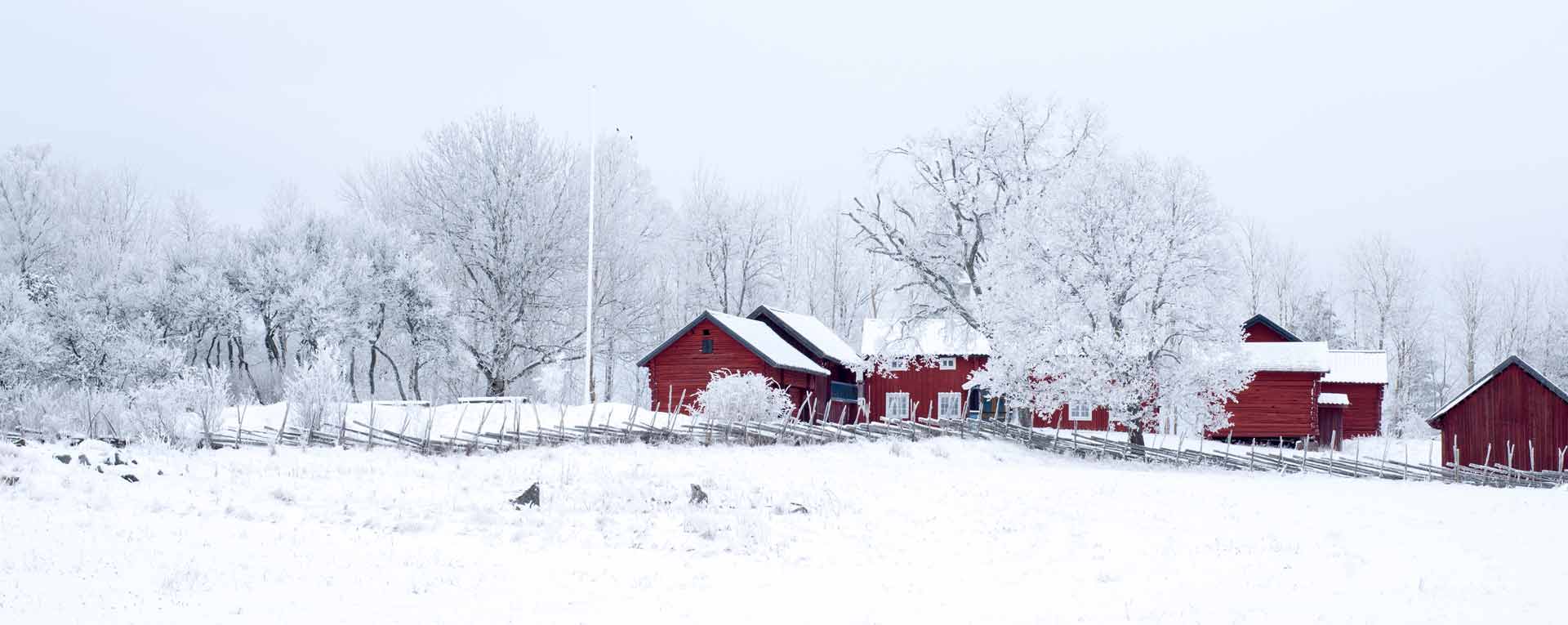 red barns covered in snow