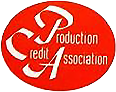 Oval-shaped red and white Production Credit Association logo