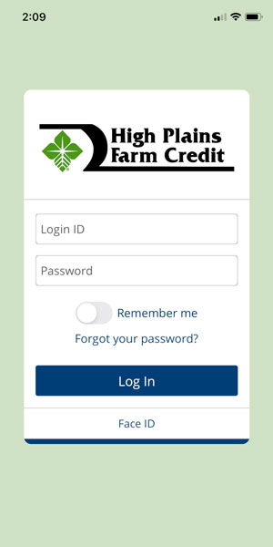 Screenshot of the sign-in screen for the High Plains Farm Credit mobile banking app.