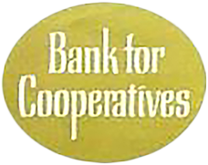 Oval-shaped gold and white Bank for Cooperatives logo.
