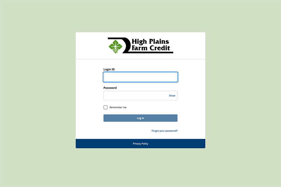 View of the High Plains Farm Credit Online Banking platform login screen with empty fields available for login ID and password.